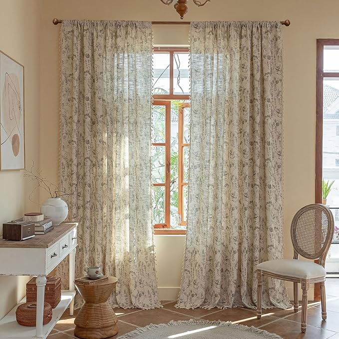 ENJOYBRIDAL Floral Curtains 63 Inch Length Vintage 2 Panels Drapes Short Rod Pocket Semi Sheer Rustic Window Curtain Panels Bedroom Boho Tassel Living Room Farmhouse Botanical Window Treatments