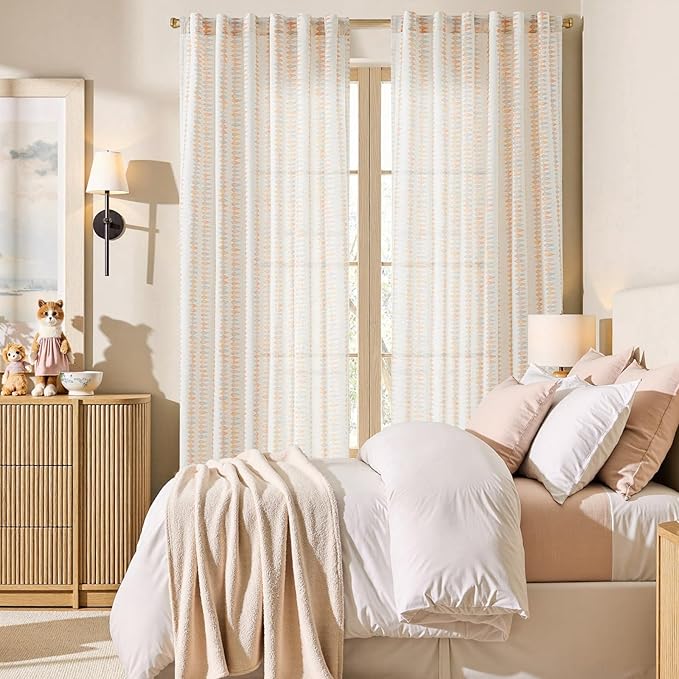 jinchan Linen Nursery Curtains for Living Room Boho Curtains for Bedroom Kids Room 84 Inches Long Pink Geometric Printed Farmhouse Drapes Rod Pocket Window Treatment Curtain Set of 2 Panels Peachy