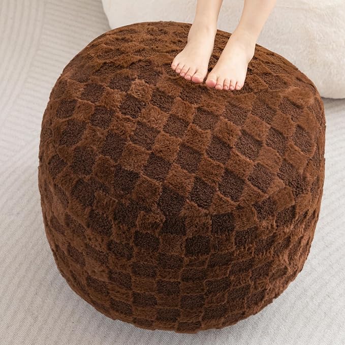HIGOGOGO Round Stuffed Pouf Ottoman, Plaid Poufs with Foam Chunk Filling, Fluffy and Furry Pouf Foot Stool Storage Ottoman, 26 X 18 Floor Poufs Foot Rest for Living Room, Coffee