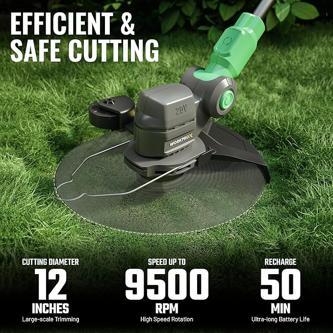 WORKPROX 12inch 20V String Trimmer, 4.0Ah Li-Ion Battery Powered Grass Cutter with Auto Line Feed, 2 in 1 Lawn Edger and Weed Trimmer with 2Pcs Grass Trimmer Spool Line