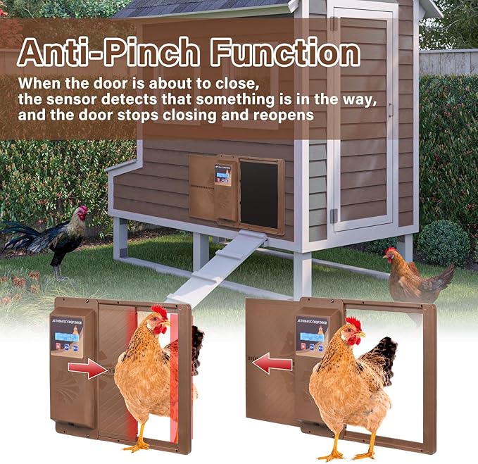 Automatic Chicken Coop Door Opener, Side Opening Large Entry with Timer, Anti-Pinch Sensor, Battery Or USB Powered, LCD Display, Easy Install Chicken House Door for Backyard Poultry