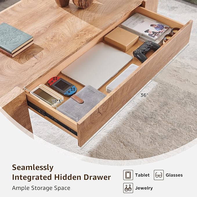 OKD 48" Modern Farmhouse Coffee Table, Wooden Living Room Table with Hidden Storage Drawer, Rustic Rectangular Center Tables w/Wood Thick Design for Living Room, Office, Light Knotty Wood