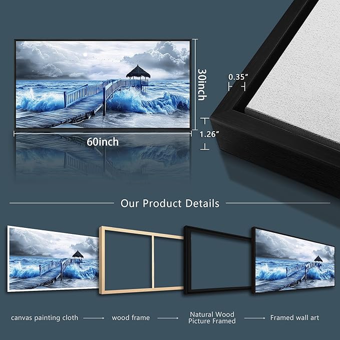 ZUITINGHUA Black Framed Canvas Wall Art For Living Room Large Wall Decor For Office Bedroom Decoration Ocean Landscape Pictures Black And White Paintings Artwork Mural Aesthetic Home Decor 30x60 In
