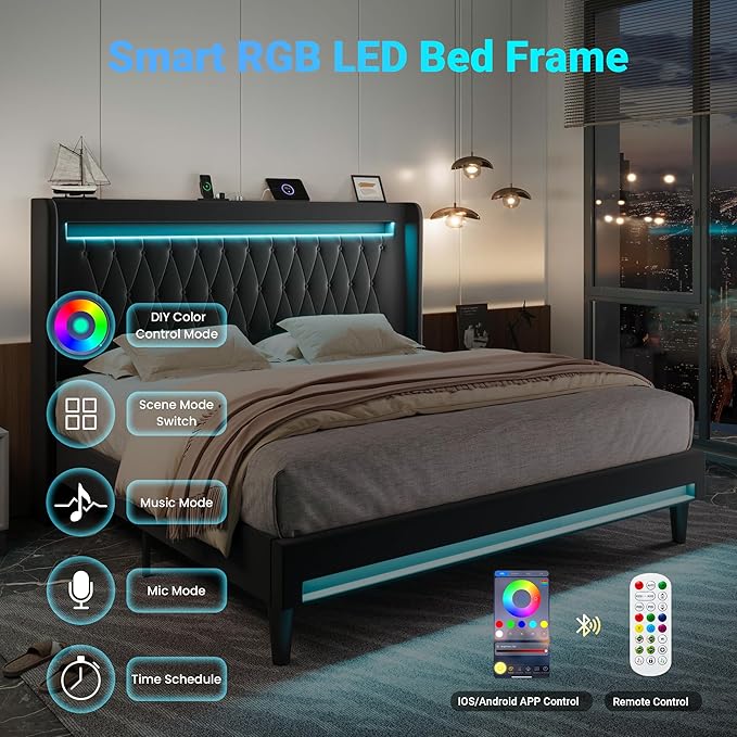 Allewie Upholstered King Size Platform Bed Frame with LED Light and Charging Station, Button Tufted High Headboard, Wingback Design, Noise Free, Easy Assembly, No Box Spring Needed, Black