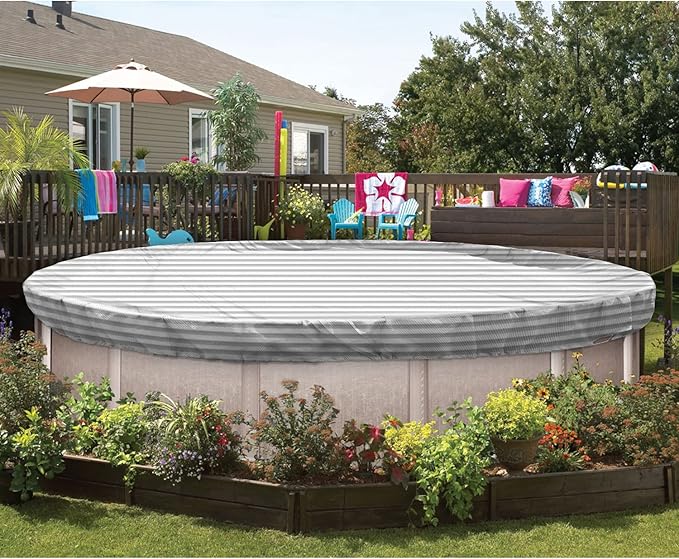 ECOOPTS 15 ft Round Pool Cover for Above Ground Pools, Swimming Pool Cover Protector Winter Safety Cover (Gray White Stripes)