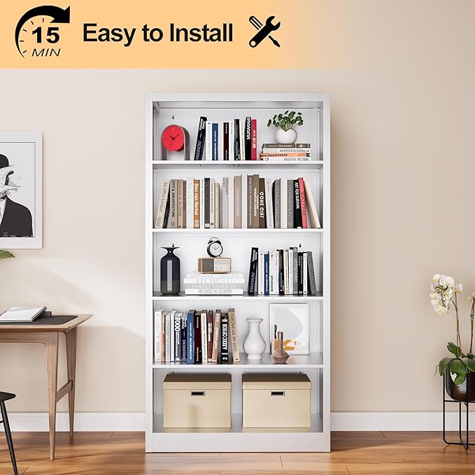 66" Tall Metal Bookcase, 5 Shelf White Bookcase with Adjustable Shelves, Large Bookshelves and Bookcases, Modern Book Shelf Storage Organizer for Living Room, Home Office, Library