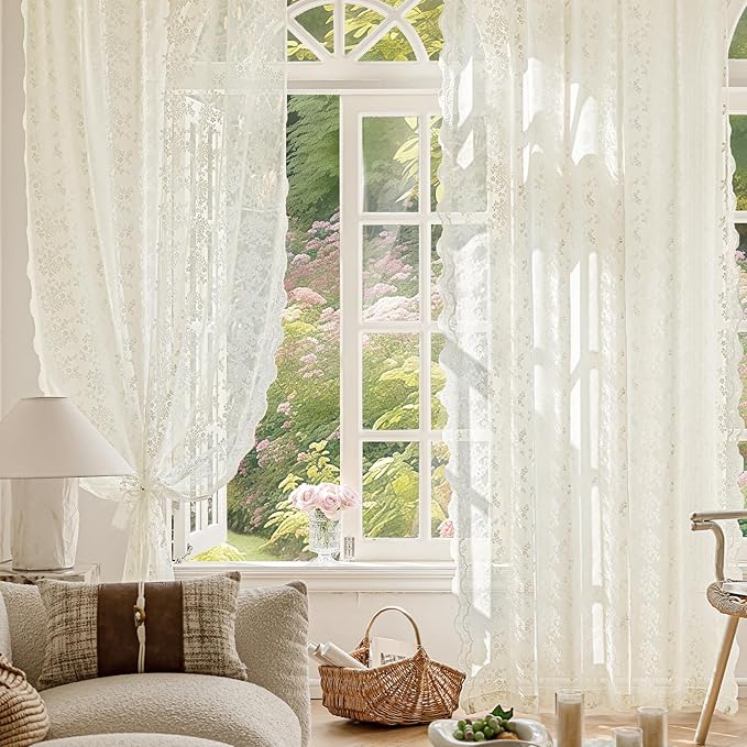 Anmao Vintage Lace Curtains 80 Inches Long 2 Panels Set, Romantic Elegant Light Filtering Semi Sheer Floral Thick Lacy Curtain Drapes for Living Room and Bedroom, Each Panel 55W x 80L, Ivory