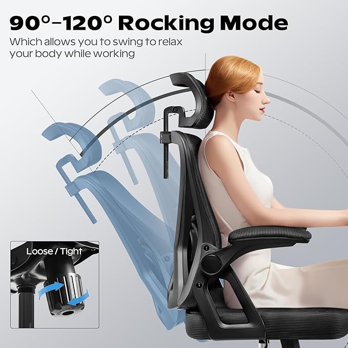 Ergonomic Office Chair, Home Office Desk Chair with Headrest, High Back Mesh Chair with Flip-up Armrests, Comfy Desk Chair with Lumbar Support, Rolling Swivel Task Computer Chair for Home Office