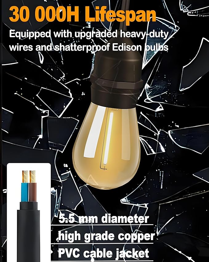 50FT Outdoor String Lights Waterproof