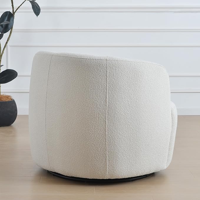 KINWELL 34" Wide Sherpa Swivel Barrel Chair, No Assembly Round Boucle Upholstered Accent Chair Armchair Single Sofa Chair with Toss Pillow for Living Room and Bedroom, Beige