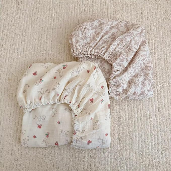 BuLuTu 100% Cotton Muslin Crib Sheets for Girls Boys, Soft Breathable Baby Sheets for 52"x28" Standard Crib Mattress, 2 Pack Toddler Fitted Sheets Nursery Decor, Forest & Rabbit