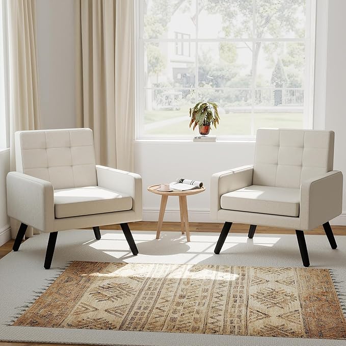 Kromax Mid-Century Modern Accent Chair Set of 2 for Living Room, 496 Lb. Weight Capacity, Dual Armrests, Comfy Extra Large Seat, Timeless Style Perfect for Reading & Relaxing, Beige