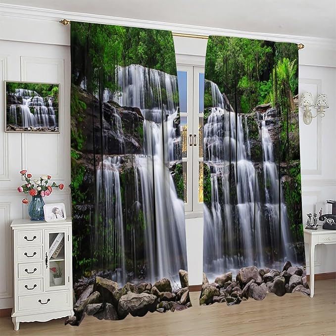 Natural Scenery Blackout Curtains, Spring Rustic Forest Waterfall River Landscape Window Drapes, for Bedroom Living Room 42" W X 54" L