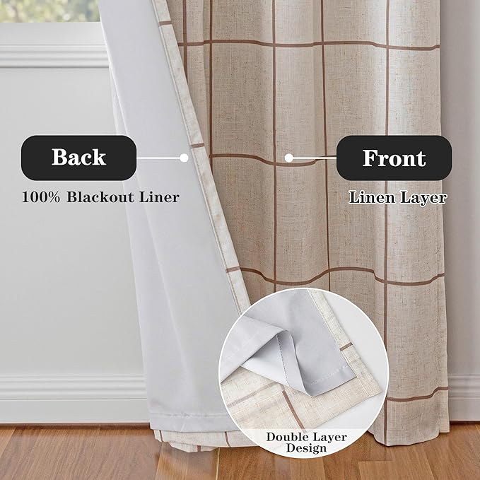 MYSKY HOME 100% Blackout Brown Plaid Farmhouse Linen Curtains 84 Inch Long 2 Panels Set Checkered Drapes Double Layer Thermal Insulated Privacy Protection Living Room Back Tab, 52" W Each Panel