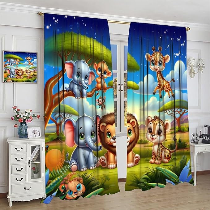 Jungle Safari Window Curtains for Kids Boys Girls Watercolor Cartoon Forest Animals Baby Living Room Bedroom Nursery Toddler Rod Pocket Drapes 55" W X 63" L