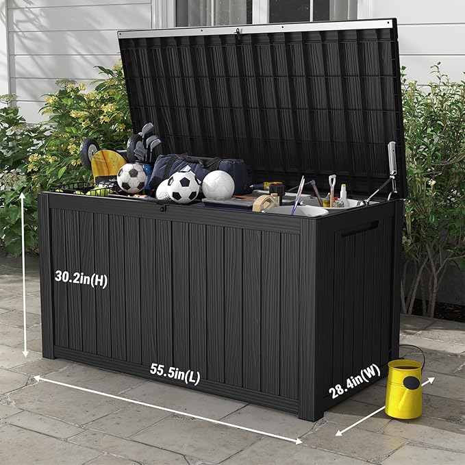 Mars Villa 180 Gallon Outdoor Storage Box, Large Resin Deck Box Waterproof, Storage Bin for Outside Patio Furniture Cushions, Pool Supplies, with Hydraulic Hinge, UV Resistant and Weatherproof, Black