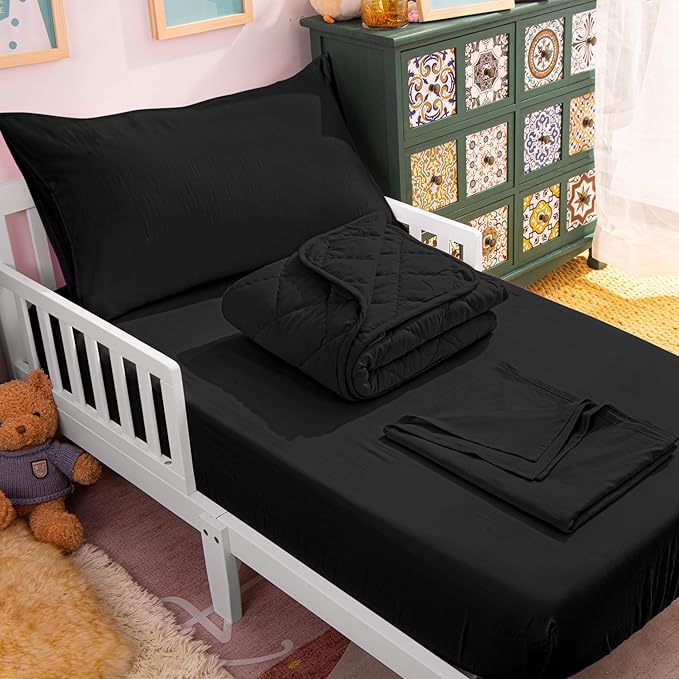 NTBAY Toddler Bedding Set - 4 Piece Soft and Breathable Crib Bedding Set for Boys and Girls, Includes Quilted Comforter, Fitted Sheet, Flat Top Sheet and Envelope Pillowcase, Black