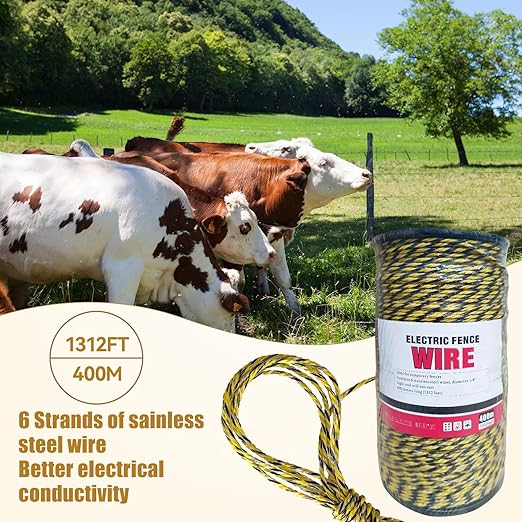 Electric Fence Wire Kit - 1312 Feet 400 Meters Electric Fence Polywire, 50 PCS T-Post Insulators, 25 PCS M4 Heavy Duty Poly Rope Connectors, 5 PCS Robber Electric Fence Gate Handle Insulators