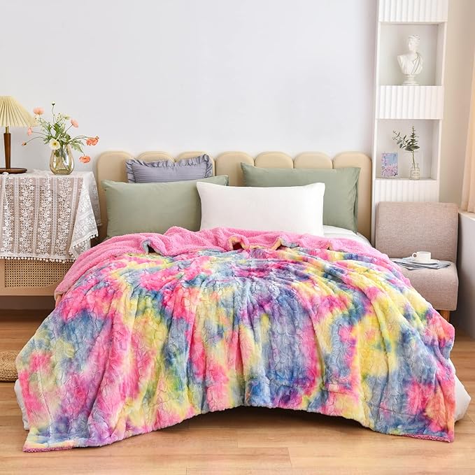 NEWCOSPLAY Super Soft Faux Fur Blanket Queen Size Dark Rainbow Sherpa Fuzzy Plush Warm Blanket for Sofa Bed (Dark Rainbow, Queen(90"x90"))