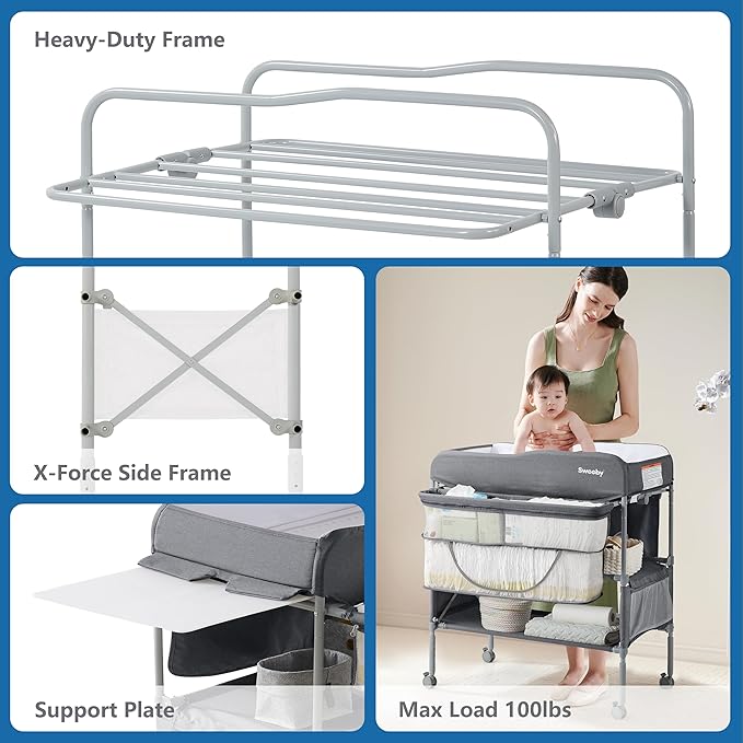 Sweeby Portable Baby Changing Table, Foldable Diaper Changing Station with Waterproof Pad, Mobile Nursery Organizer for Infant & Newborn Essentials, Dark Grey