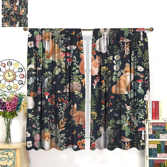 Animal Curtains, Watercolor Forest Animals Plants Pattern Blackout Window Treatments, Rod Pocket Thermal Insulated Drapes 2 Panel Sets for Bedroom Living Room, 42" W X 54" L