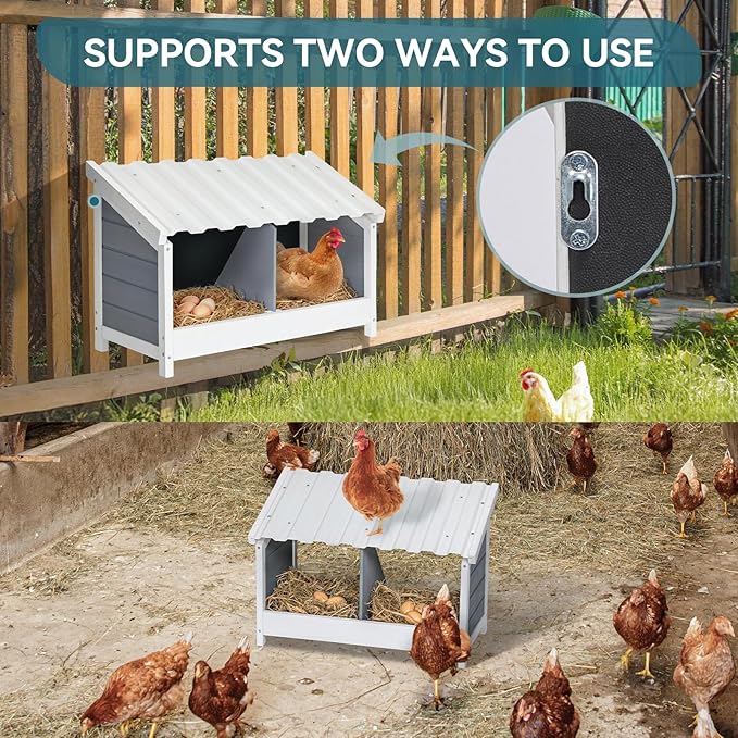 PETSFIT 2 Holes Chicken Nesting Box-All Weather PVC Roof, Natural Wood Design with Privacy Back Panel for Hens-Wall Mounted or Floor Use in Coops, Farms, Backyards,Easy to Assemble and Clean