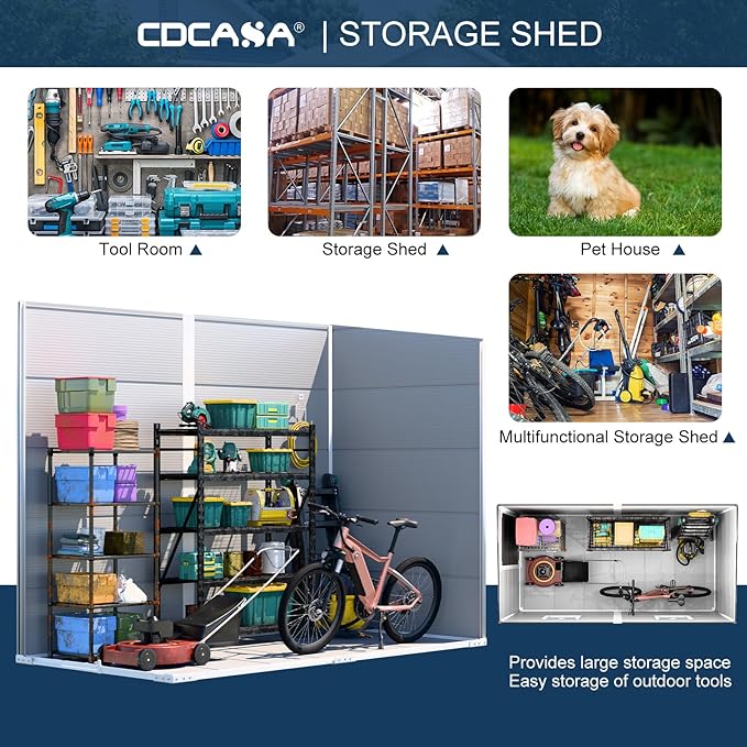 CDCASA 4x8 FT Resin Lean to Shed, Waterproof Outdoor Storage Sheds with Floor & Lockable Door & 2 Windows, Vent, Plastic Tool Shed for Outside, Backyard, Patio, Poolside, Gray