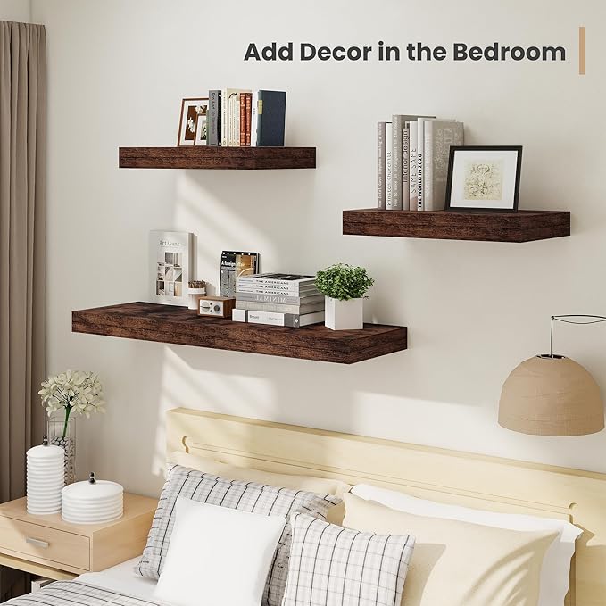 Heimlove 24 x 12 Inch Deep Floating Shelves Wall Mounted with Invisible Brackets,Storage Hanging Shelf for Wall Decor in Bathroom, Bedroom, Kitchen, Living Room, Office Set of 2 (Rustic Brown)