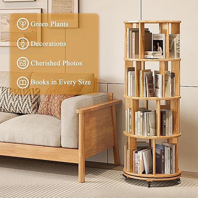 4 Tier Rotating Bookshelf Tower, 360 Spinning Bookcase Carousel with Lockable Wheels, Round Lazy Susan Organizer for Corner Bookshelf, Solid Wood Revolving Bookcase for Kids Room, Bedroom, Living Room