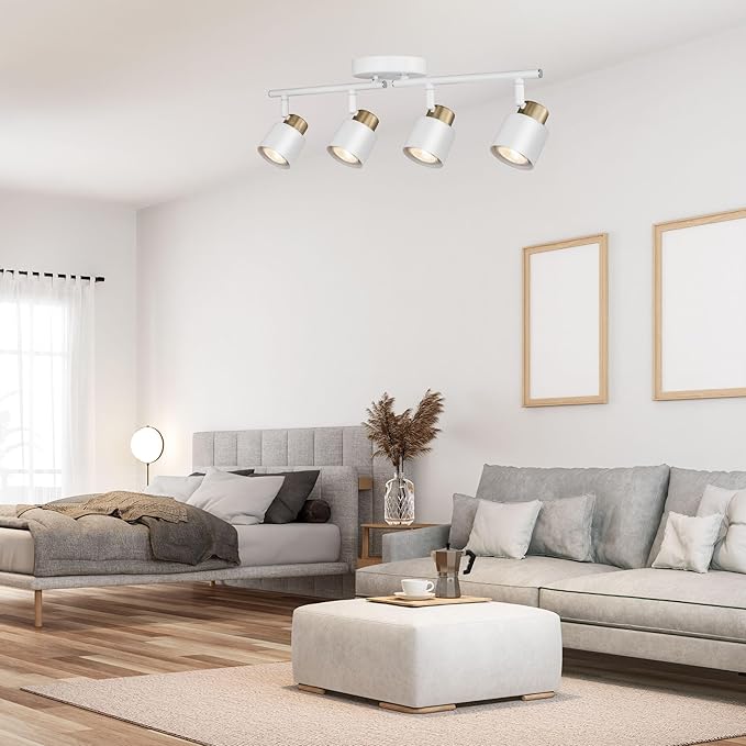 4 Light Track Lighting Kit, Matte White Brass Finish Adjustable
