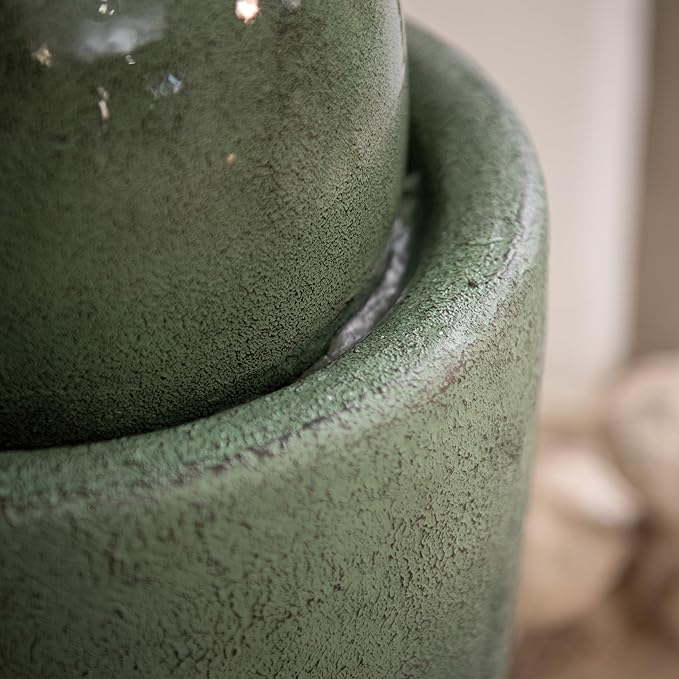XBrand 25.98" H Round Stone Indoor/Outdoor Modern Stone Textured Sphere Water Fountain w/LED Lights, Ball Fountain Decor, Green