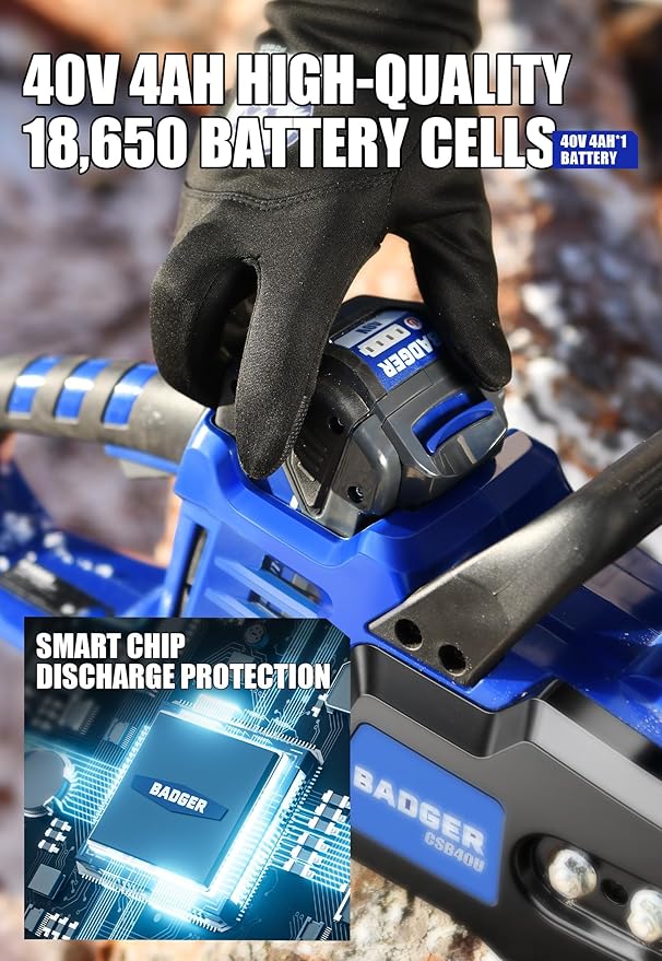 WILD BADGER POWER Electric Chainsaw Cordless 40V 16" Brushless, 4.0 Ah Battery and Charger, Smart Cut technology, Efficient cutting, Safe and Reliable, Great for Tree Felling, Storm Clean-Up, Pruning