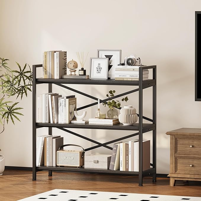 Homeiju 3 Tier Bookshelf 31.49" Width, Wood and Metal Etagere Bookcase, Vintage Farmhouse Modern Wooden Big Book Shelf for Home Living Room Bedroom Office Storage(Black)