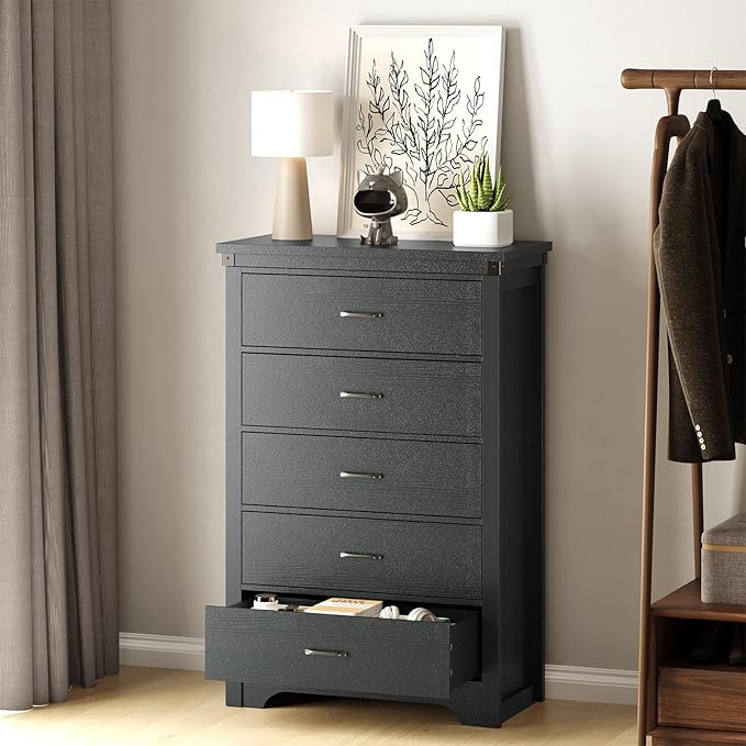 Farmhouse 5 Drawer Dresser for Bedroom, 47" Tall Chest of Drawers, Wood White Dresser with Deep Drawers, Storage Dressers Organizer for Bedroom, Living Room, Hallay, Black