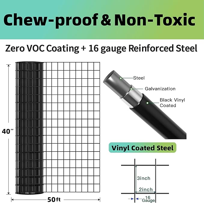 (40 in x 50 ft) Garden PVC Welded Wire Fence, Mesh Size 2 in x 3 in, 16-Gauge Welded Wire Fence, Poultry Protection Animal Fence, Includes Gloves and Pliers