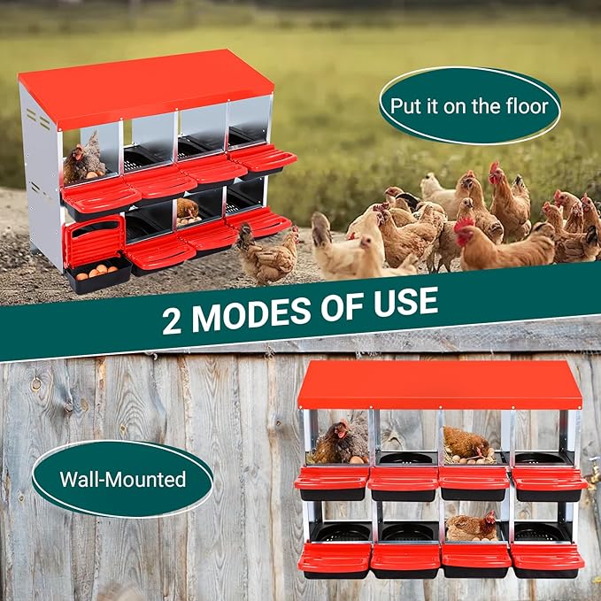 8-Hole Chicken Nesting Box with Removable Lid, Metal Chicken Coops with Roll Away Design/Easy Egg Collection/Ventilation Holes, for Chickens Coops, Duck and Hens