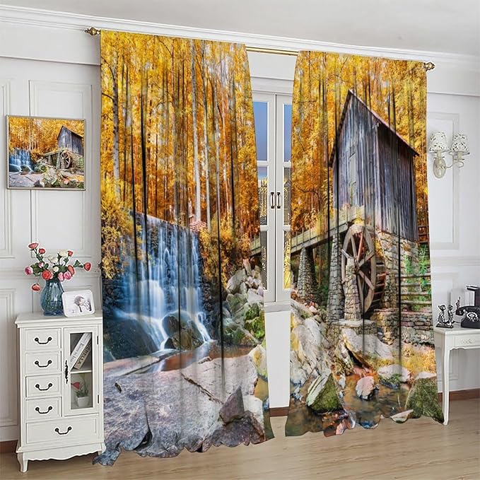 Autumn Waterfall Blackout Curtains, Landscape Fall Waterfall Outdoor Nature Art Window Drapes, for Bedroom Living Room 52" W X 84" L