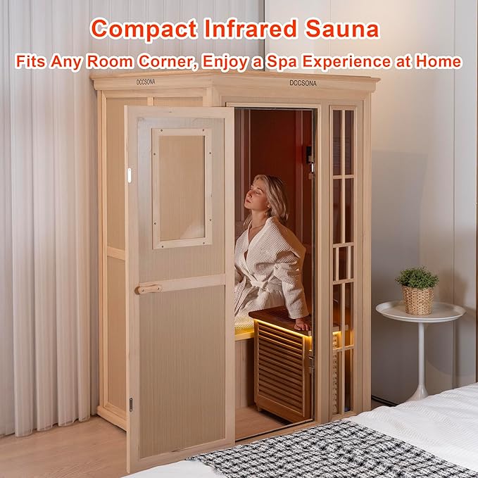 1 Person Dry Sauna for Home Max 165°F Traditional Sauna Experance, Indoor Hemlock Wooden Sauna, 110V-120V Electric Fast Heating, Easy Assembly, 7-Color Lamp, Bluetooth Size: 39.8 x 37.8 x 65.7inch