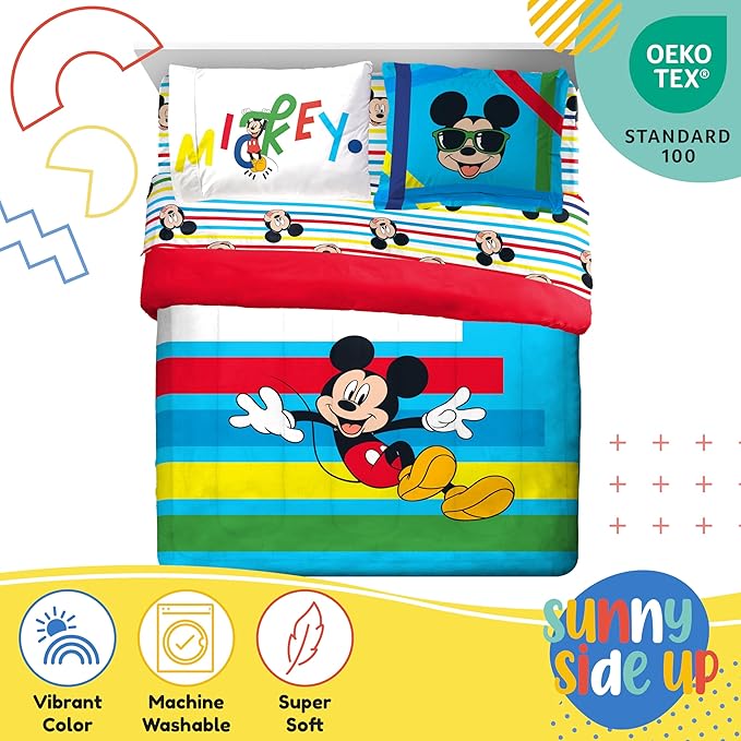 Sunny Side Up Disney Mickey Mouse Full Comforter Set - 7 Piece Kids Bedding Includes Comforter, Sheets & Pillow Cover - Super Soft Microfiber Bed Set