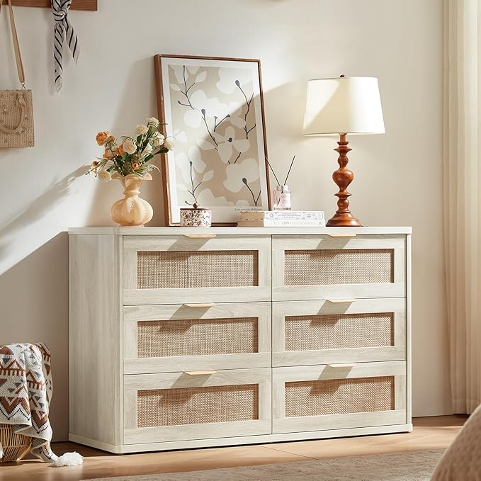 LEYAOYAO Rattan Dresser and Nightstand Set of 2, Boho Wood Dresser for Bedroom with 6 Drawers and Night Stand with Charging Station, Bedroom Furniture, Dressers & Chests of Drawers,Living Room,Hallway