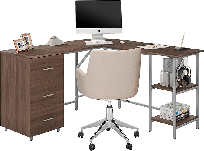 Techni Mobili L Shaped Desk - Two-Toned Computer Desk with Drawers & Storage Shelves - Simple Modern Furniture & Home Office Space Corner Table for Work & Writing