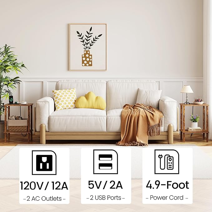 TUTOTAK End Table with Charging Station, Small Side Table with Outlets, Nightstand Bedside Table, 2-Tier Storage Shelf for Small Space, Living Room, Bedroom, Brown TB01BB040C