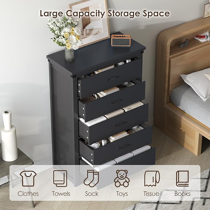 Farmhouse 5 Drawer Dresser for Bedroom, 47" Tall Chest of Drawers, Wood White Dresser with Deep Drawers, Storage Dressers Organizer for Bedroom, Living Room, Hallay, Black