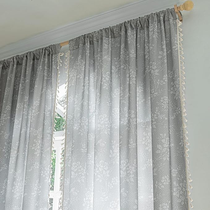 ENJOYBRIDAL Floral Curtains 63 Inch Long Grey Light Filtering Drapes Rod Pocket Bedroom Living Room Short Window Curtains 2 Panel Sets Semi Sheer Farmhouse Boho Cute Window Treatments