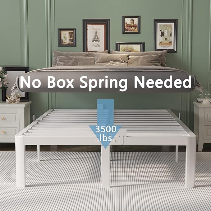 16 Inch Bed Frame Queen Size with Metal Gaskets, White Queen Bed Frame No Box Spring Needed, Heavy Duty Steel Platform Support, Round Corner Design, Storage Space, Noiseless, Reserved Holes
