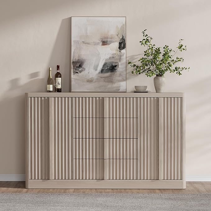 Buffet Cabinet with Storage, 60" Fluted Coffee Bar Cabinet with 4 Drawers & 2 Doors, Solid Wood Handle, Credenza Accent Storage Cabinet for Kitchen Living Dining Room, Natural Oak(1PCS)