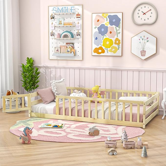 Giantex Twin Floor Bed with Door & Fence, Kids Wood Montessori Beds with Safety Guardrails, Floor Bed Twin for Kids, Boys, Girls, No Box Spring Needed, Natural