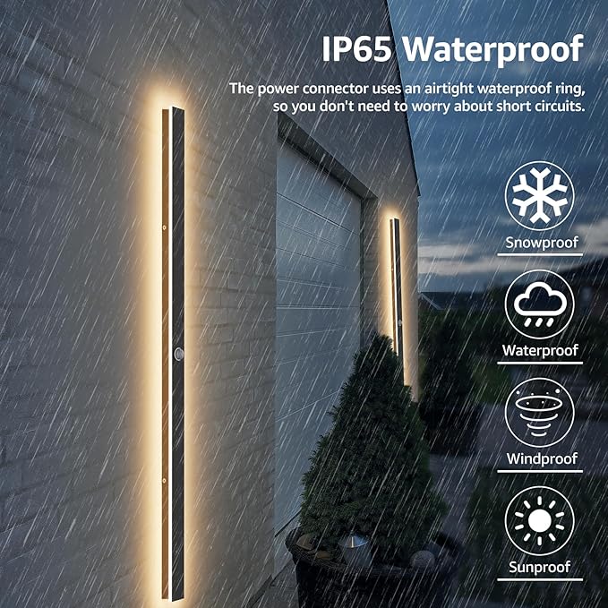 2 Pack 47.25inch Motion Sensor Long Outdoor Wall Lights 35W Black 3000K Warm