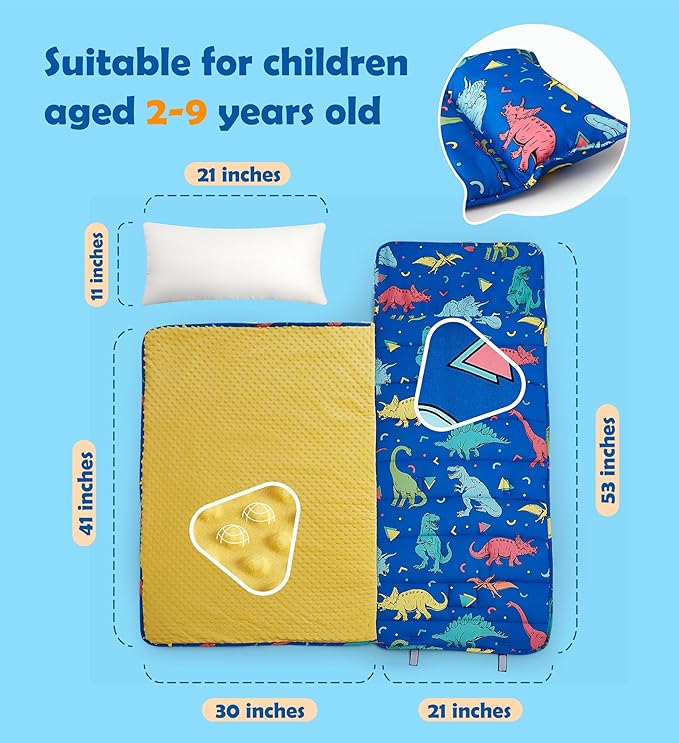 Toddler Nap Mat with Removable Pillow & Minky Blanket Sleeping Bag for Kids Handle & Fastening Nap Mats for Preschool Daycare Kindergarten Kids Sleeping Bag (Ages 2-7 Years) Blue Dinosaur