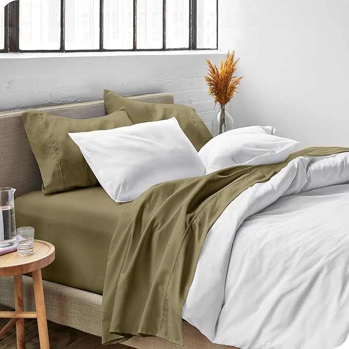 Bare Home Split Head Flex King Sheet Set - 1800 Ultra-Soft Microfiber Bed Sheets - Double Brushed - Deep Pockets - Easy Fit - 4 Piece Set - FlexTop King Bedding Sheets (Split Head Flex King, Olive)